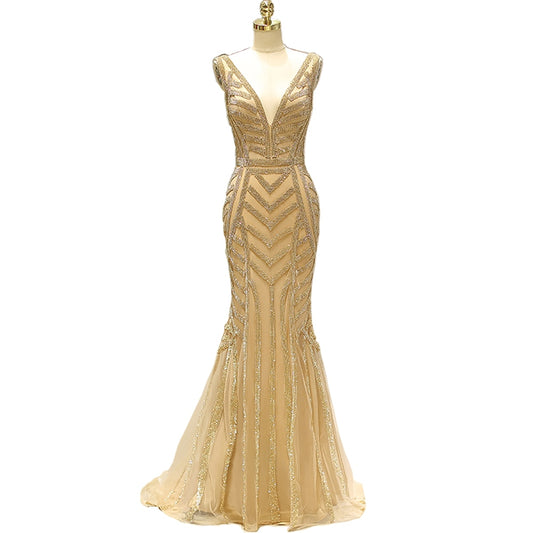 Mermaid V- Neck Gold Crystal Beading Formal robe de soiree