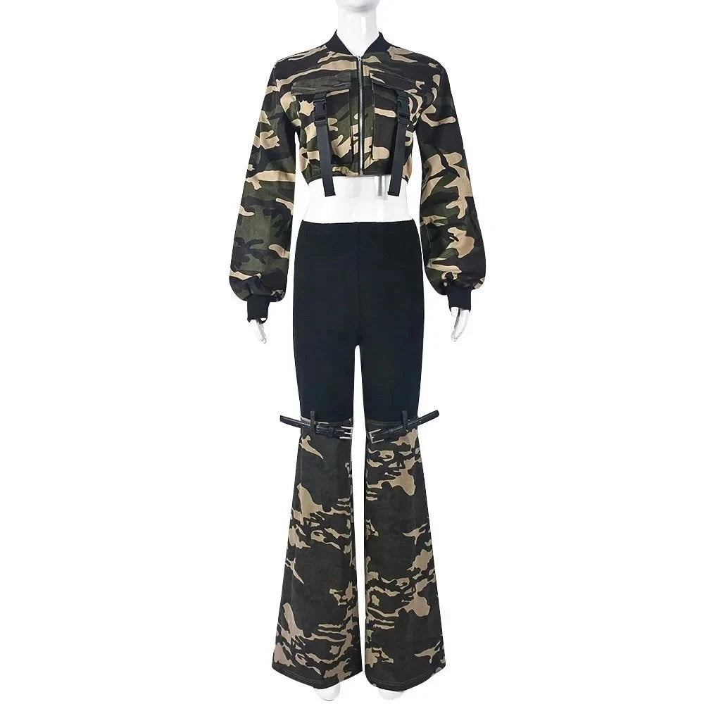 Fashion Camouflage Printing Denim Flared Pants Two Piece Set
