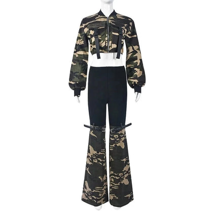 Fashion Camouflage Printing Denim Flared Pants Two Piece Set