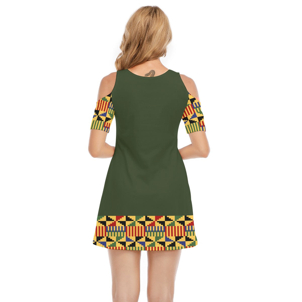 Kente Style Shoulder Cotton Dress - Green