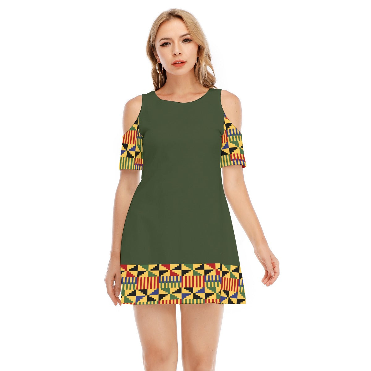 Kente Style Shoulder Cotton Dress - Green