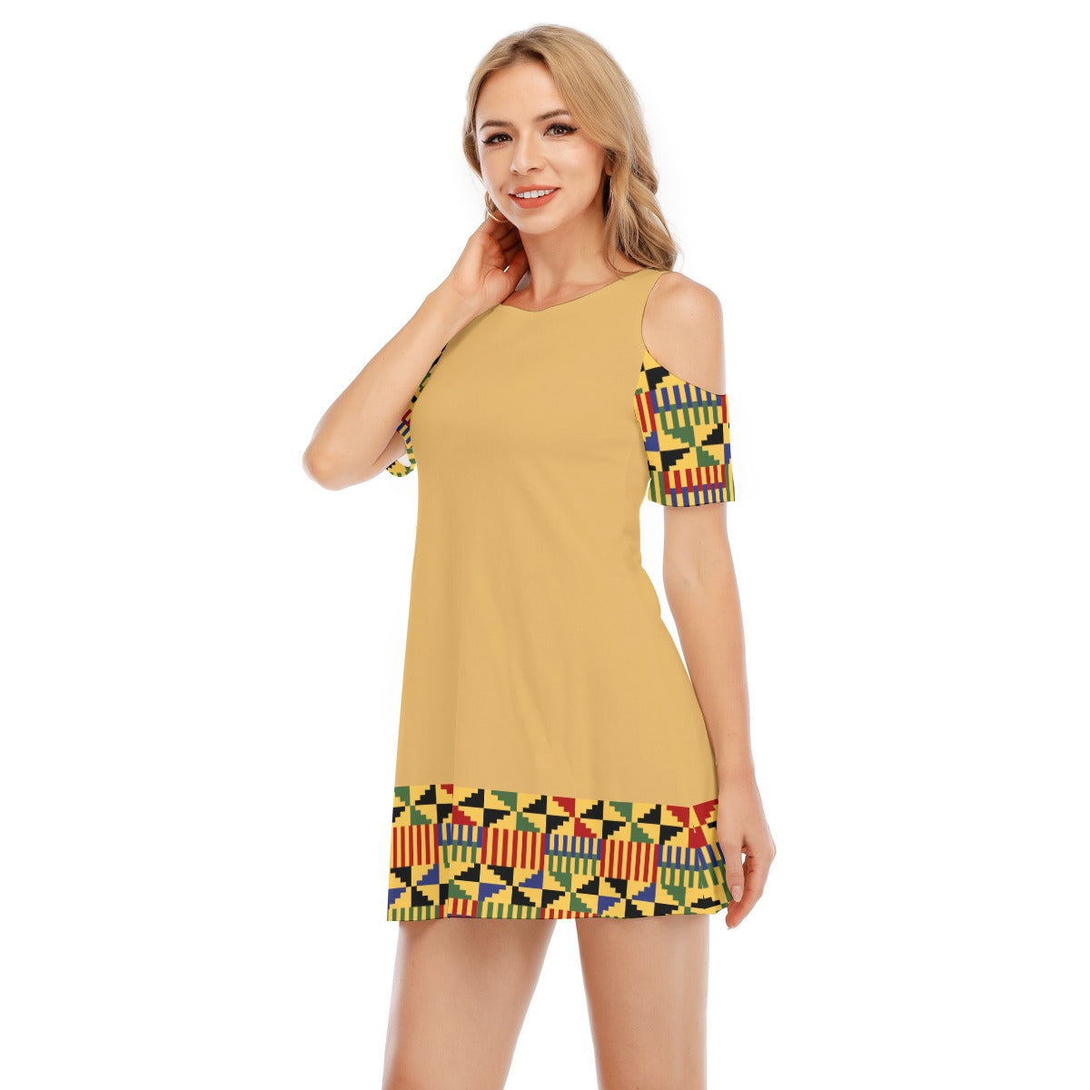 Kente Style Shoulder Cotton Dress - Yellow