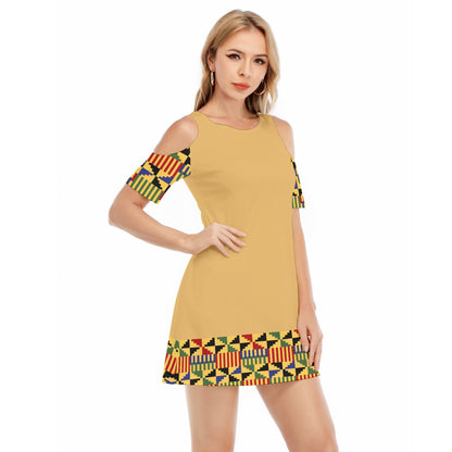 Kente Style Shoulder Cotton Dress - Yellow