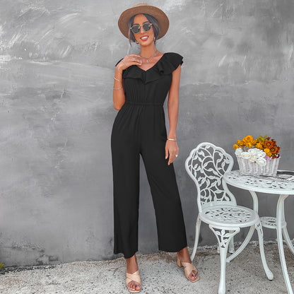 Women's Solid Color Open Back Off Shoulder Casual Jumpsuit