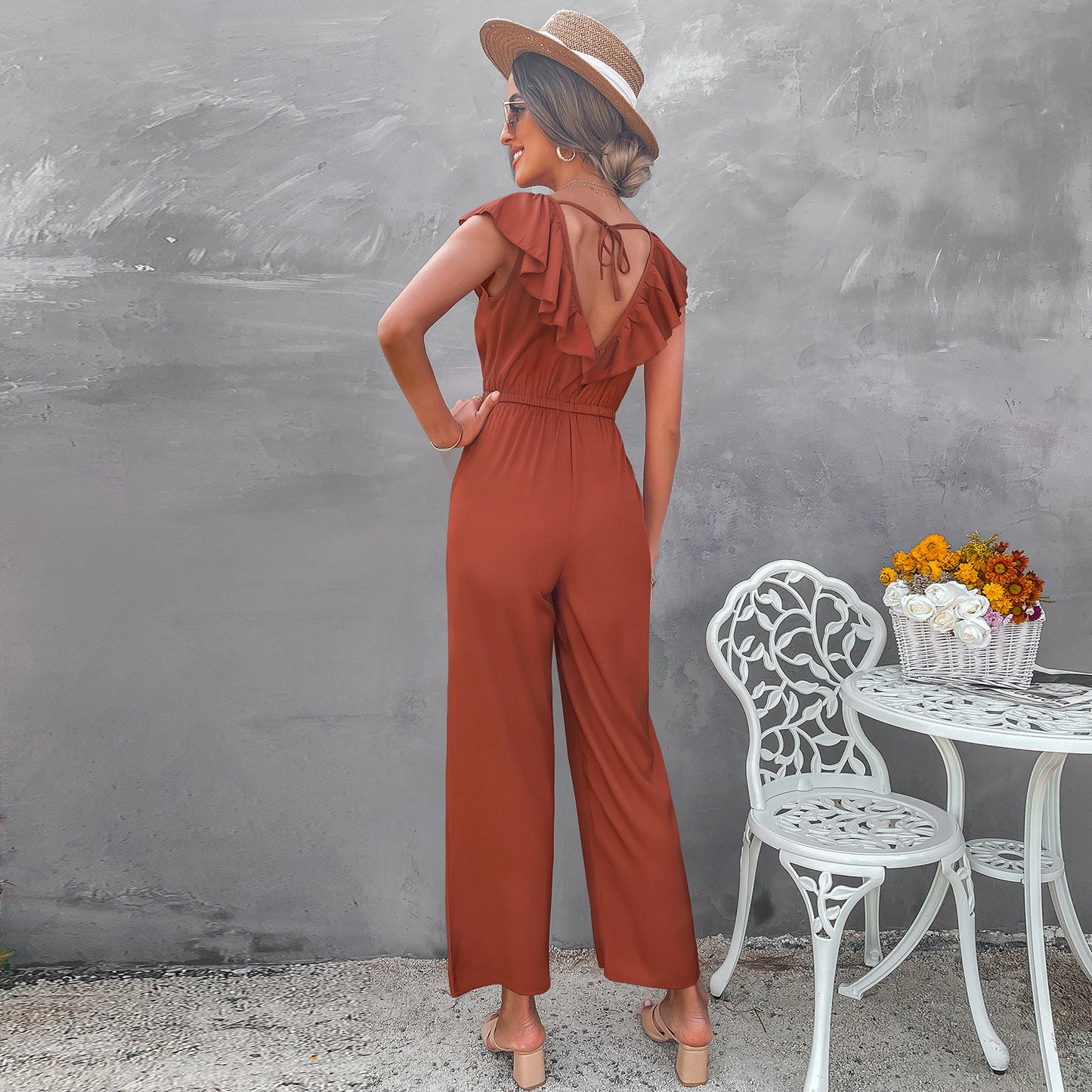 Women's Solid Color Open Back Off Shoulder Casual Jumpsuit