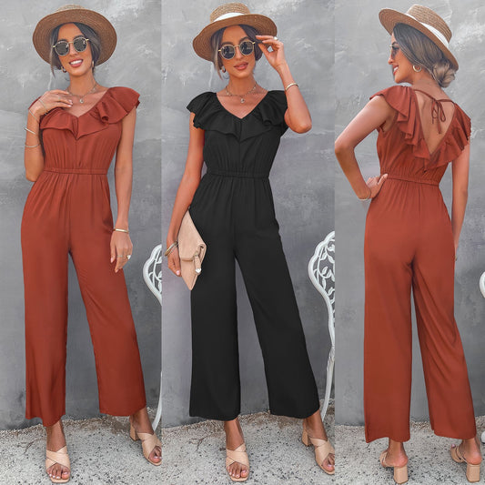 Women's Solid Color Open Back Off Shoulder Casual Jumpsuit