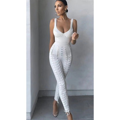 High Quality Black White sleeveless Weaving Rayon Bandage Jumpsuit