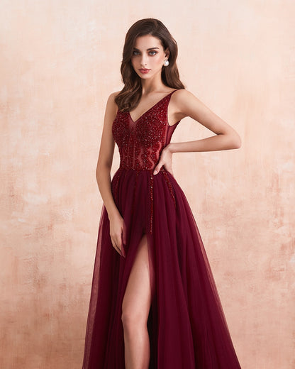 Sexy Long Beaded Split A-Line V-Neck Special Occasion Evening Party Gown