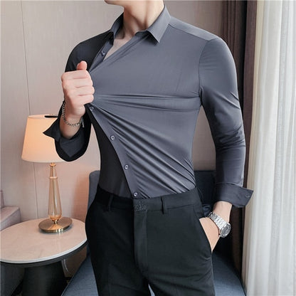 High Elasticity Seamless Long Sleeve Slim Casual Shirt Solid Color