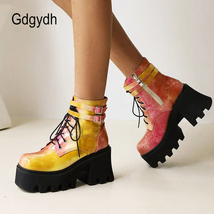 Fashion Colorful Platform Chunky Heels Ankle Boot