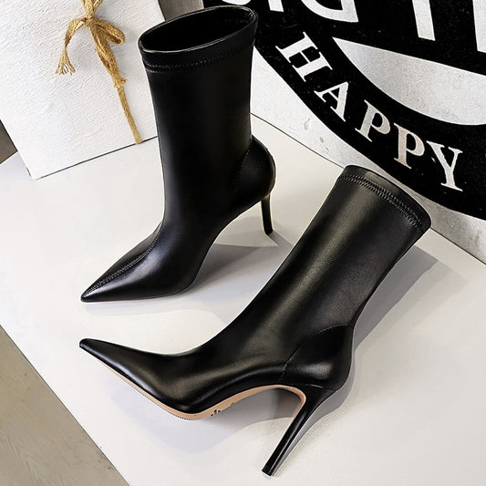 Ankle Leather High Heels Short Boots