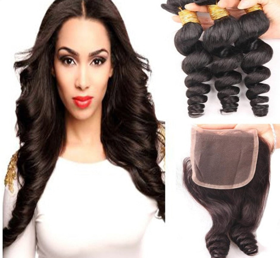 Natural color Peruvian Loose Wave Human Hair Bundles with Closure