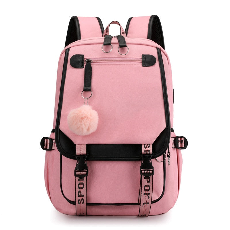 Large Canvas School Backpack for Teenage Girls  with USB Port