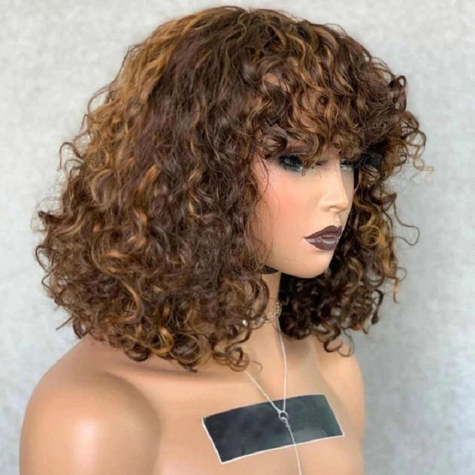 Fringe Wig Deep Wave Human Hair Wigs With Bangs 200 Density