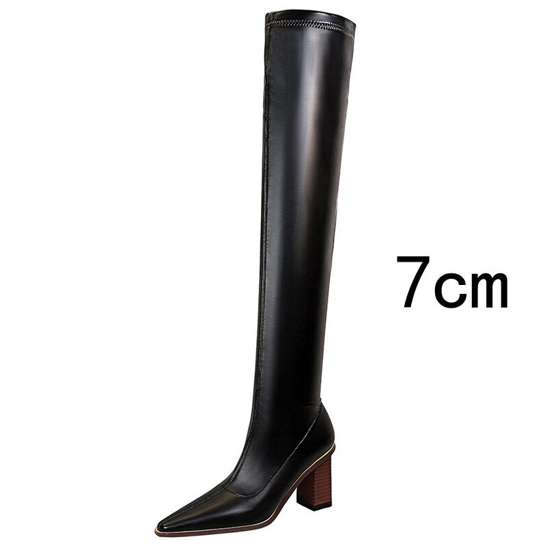 Sexy Pointed Toe Leather Wood Grain Thick Heel Long Over-the-knee Boots