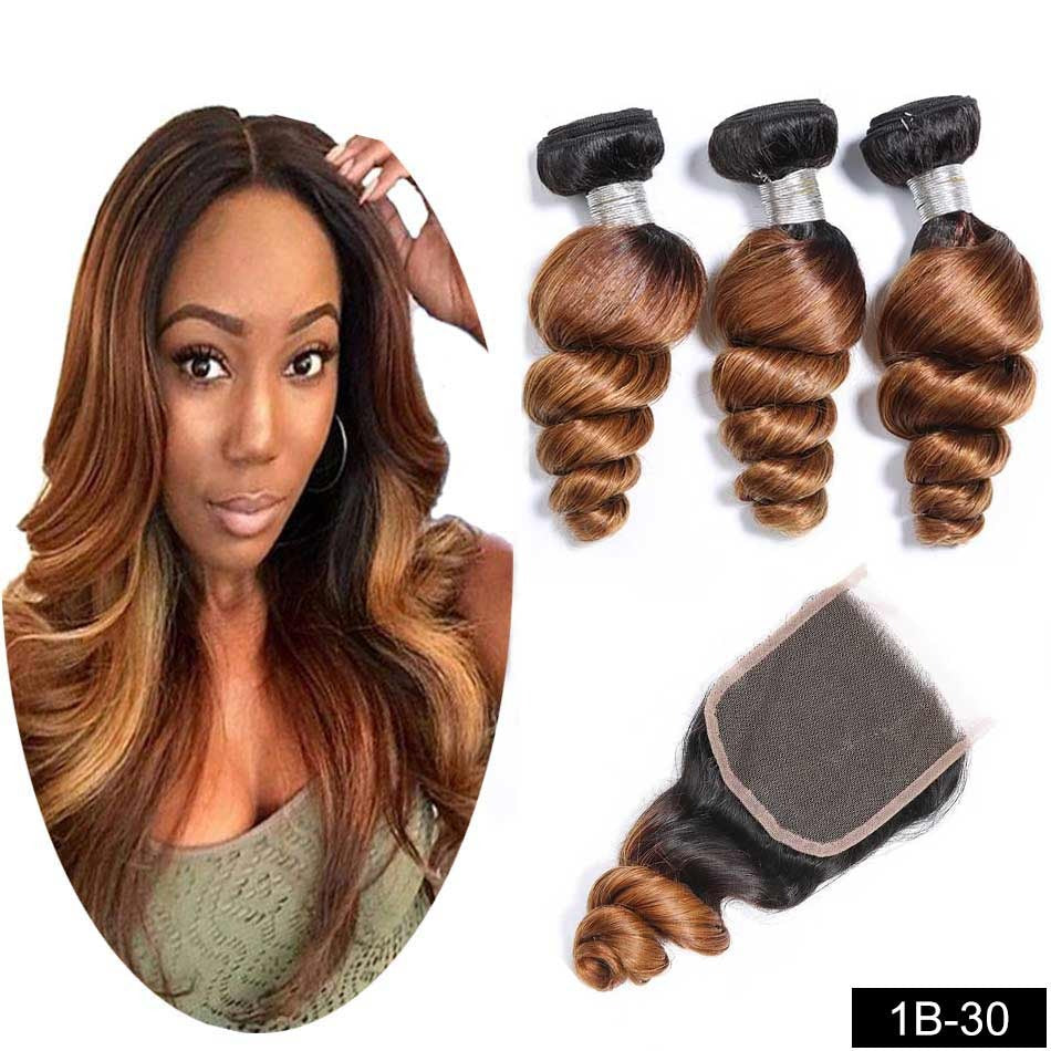 T1B430 Peruvian Loose Wave Human Hair Bundles with Closure