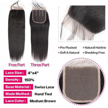 100% Brazilian Straight Human Hair Weave Bundles With Closure Hair Extensions