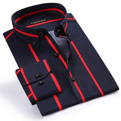 Cotton Stripe Men Long Sleeve Button Down Collar Slim Fit Shirts