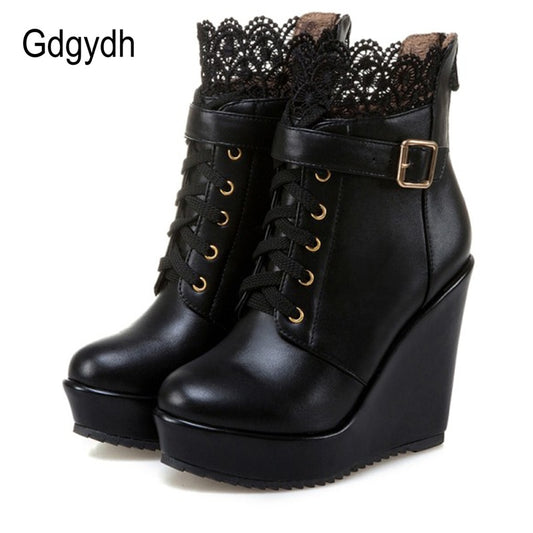 Lace Black Platform Wedge Ankle Boots