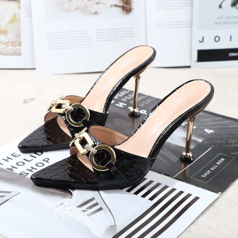 9.5cm Slide Mules Metal Chian Buckle Slipper