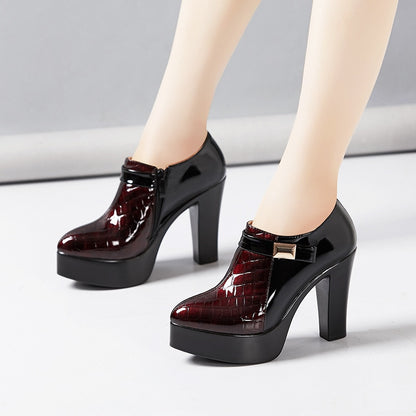 Leather Platform Block Heel Deep Mouth Pumps Shoes