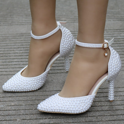 Crystal Queen Pointed Toe White Pearl Wedding Shoes