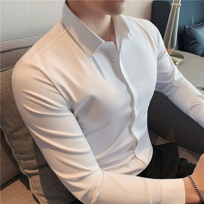 High Elasticity Seamless Long Sleeve Slim Casual Shirt Solid Color