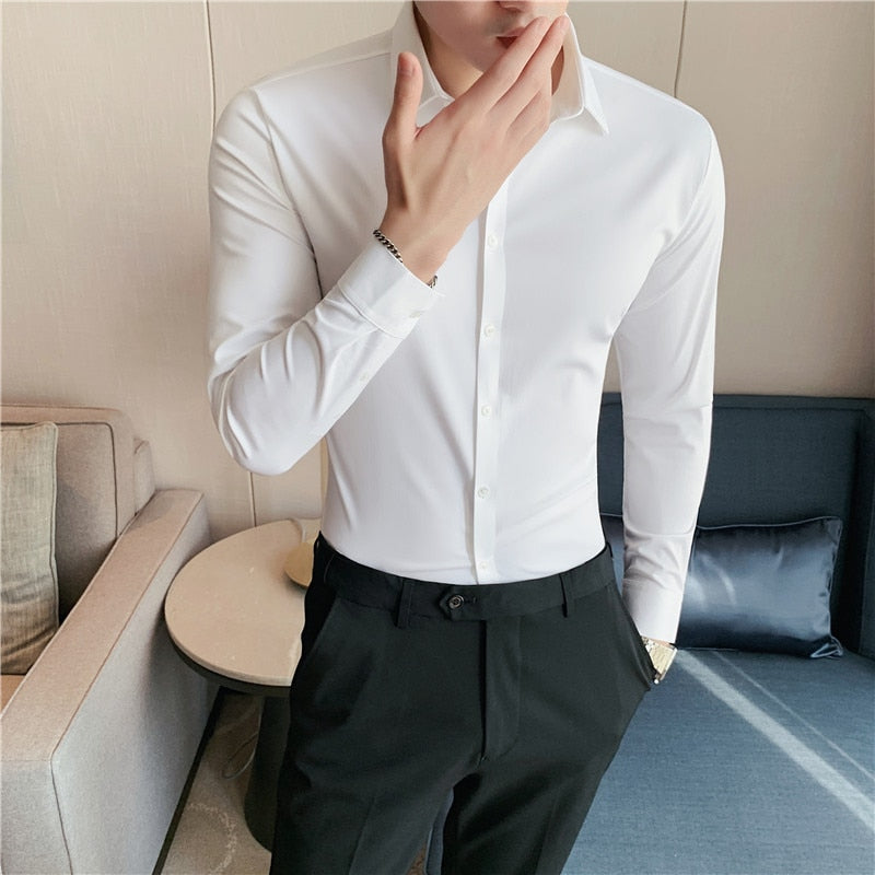 High Elasticity Seamless Long Sleeve Slim Casual Shirt Solid Color