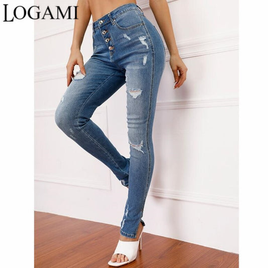 Ripped Mid-waist Stretch Jeans