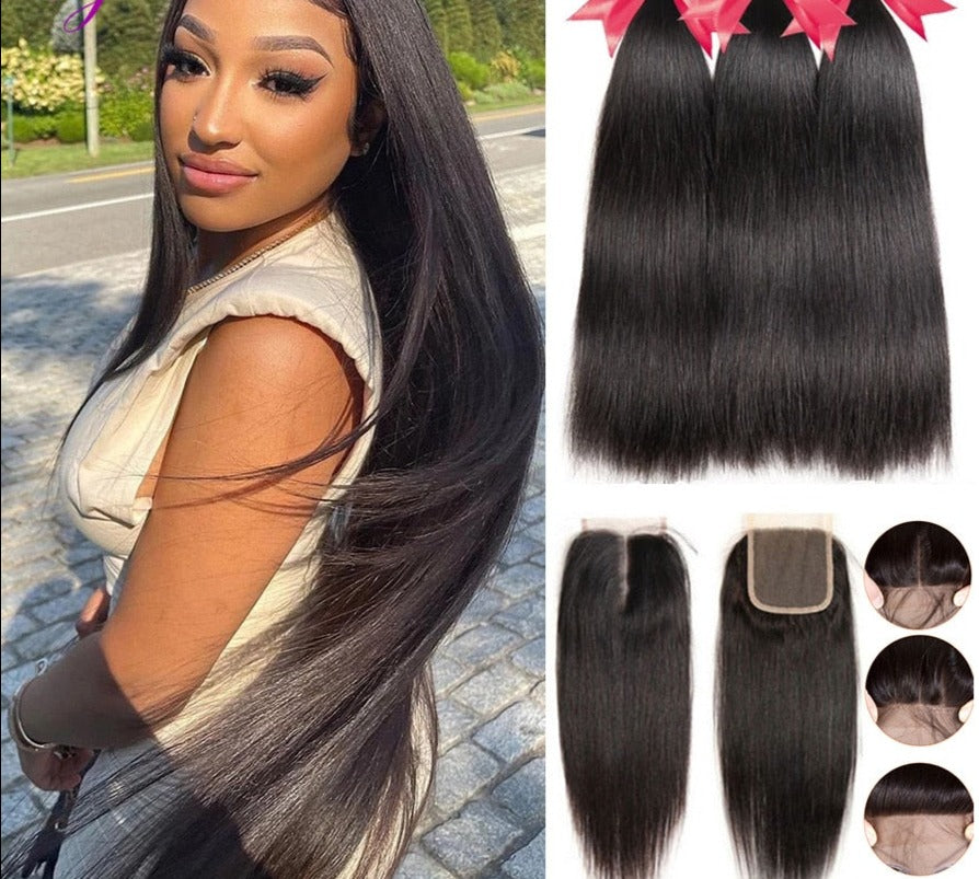 100% Brazilian Straight Human Hair Weave Bundles With Closure Hair Extensions