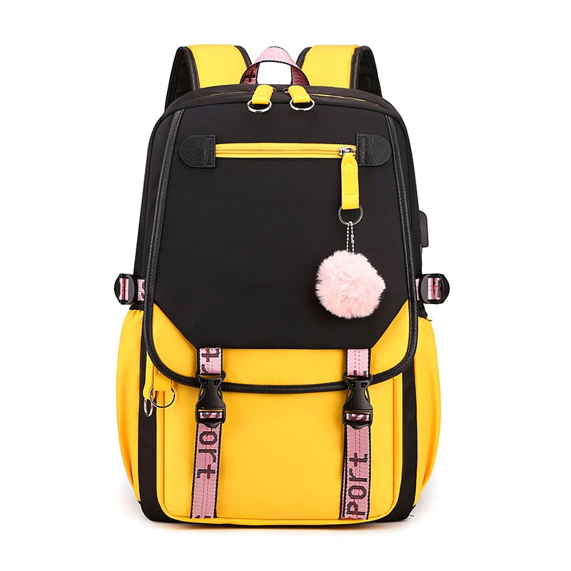 Large Canvas School Backpack for Teenage Girls  with USB Port