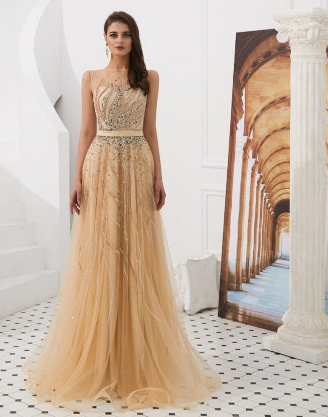 Sexy Gold Illusion Beaded Crystal Prom Dress