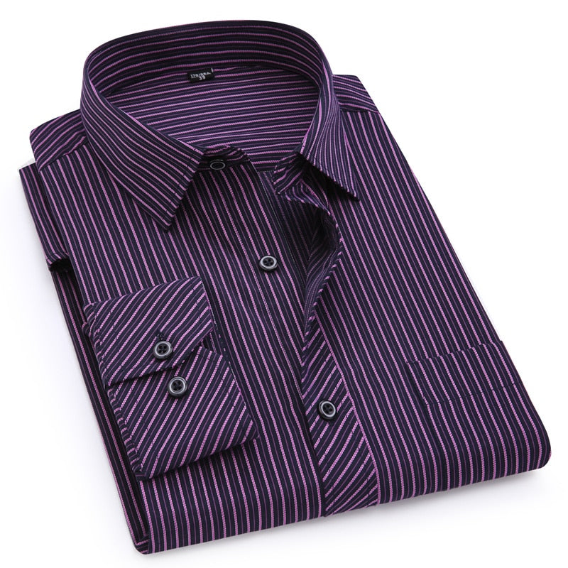 Slim Fit Mens Business Casual Long Sleeved Striped Classic Shirt Plus Large Size 8XL 7XL 6XL 5XL 4XL