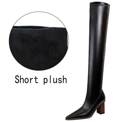 Sexy Pointed Toe Leather Wood Grain Thick Heel Long Over-the-knee Boots