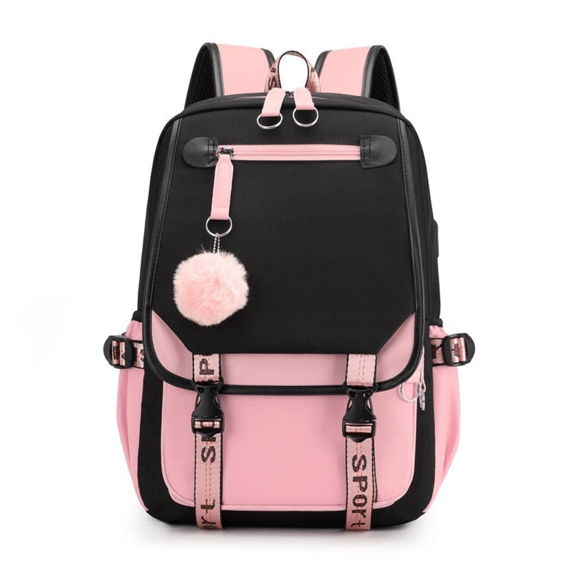 Large Canvas School Backpack for Teenage Girls  with USB Port