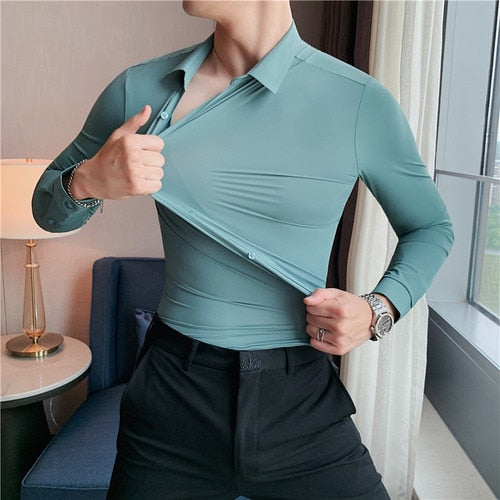 High Elasticity Seamless Long Sleeve Slim Casual Shirt Solid Color