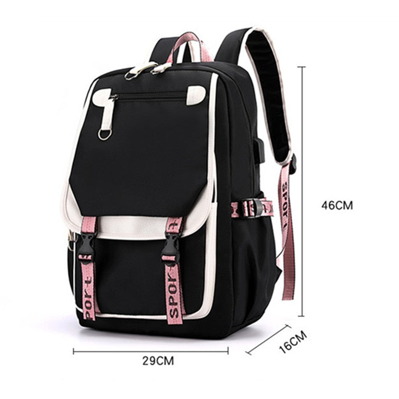 Large Canvas School Backpack for Teenage Girls  with USB Port