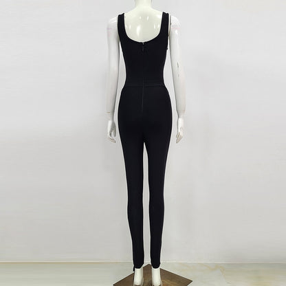 High Quality Black White sleeveless Weaving Rayon Bandage Jumpsuit