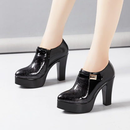 Leather Platform Block Heel Deep Mouth Pumps Shoes