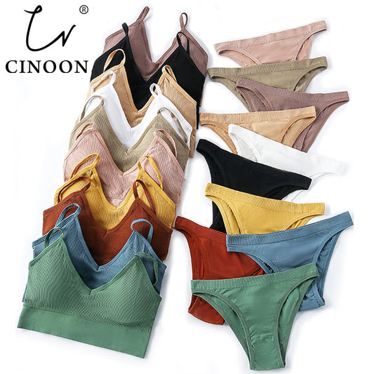 CINOON Women Seamless Bra Set Sexy Low Waist Panties Wire Free Bra Bralette Padded Lingerie Brassiere Soft Female Underwear Set