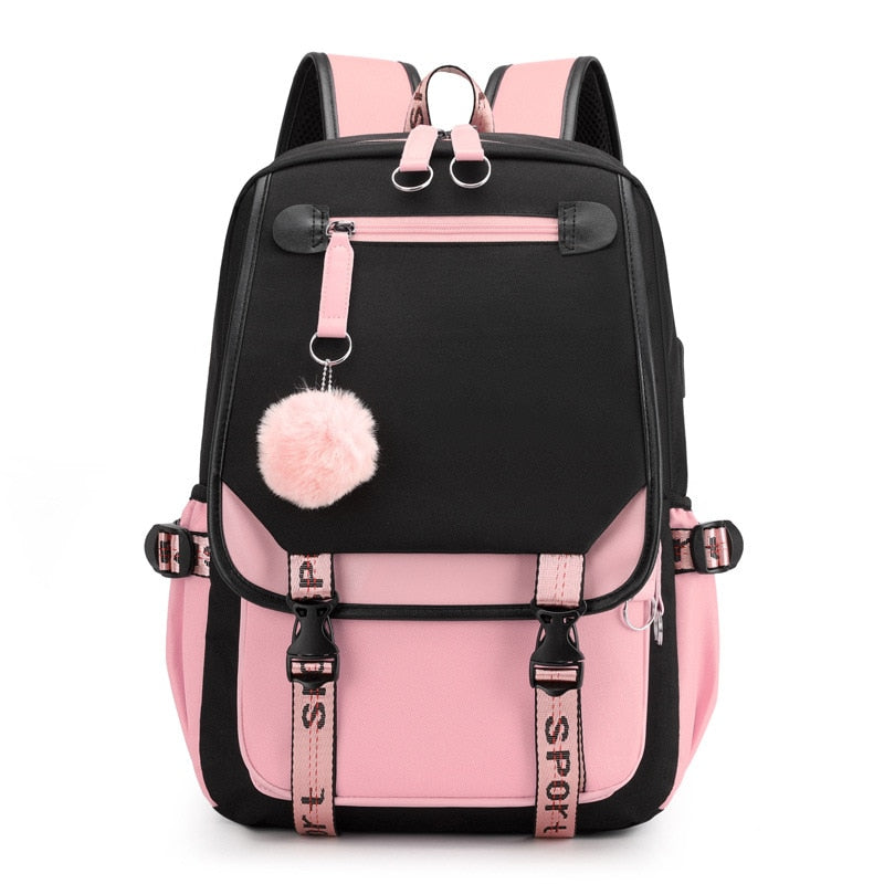 Large Canvas School Backpack for Teenage Girls  with USB Port