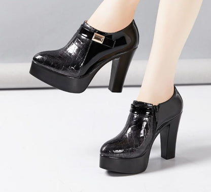 Leather Platform Block Heel Deep Mouth Pumps Shoes