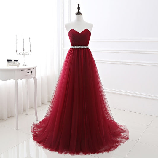 Simple Wine Red Formal Tulle Dress