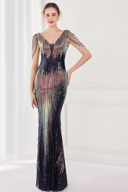 Elegant V Neck Mermaid Evening Beaded Formal Dress