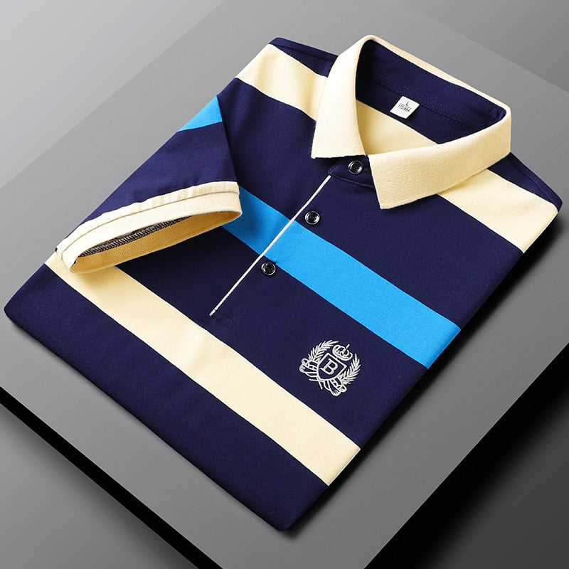 Men Embroidered Classic Striped Polo Business Casual