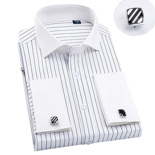 Windsor Collar French Cuff Long Sleeve Striped Tuxedo Dress Shirt with Cufflinks