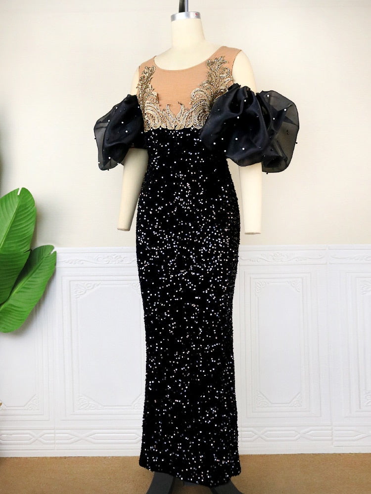 Bare Shoulder Embroidery Beaded Puff Sleeve Velvet Sequin Dress