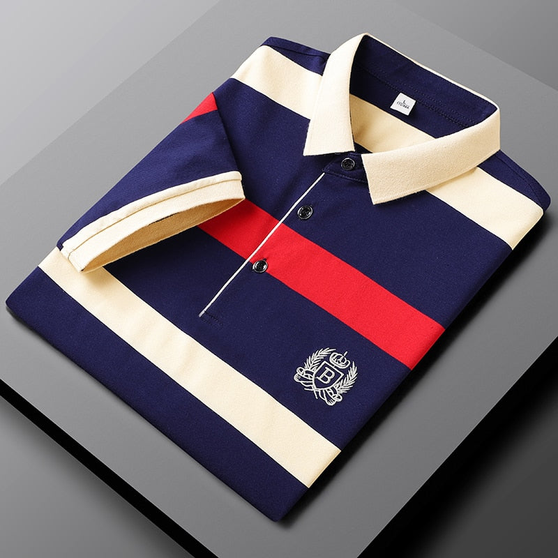 Men Embroidered Classic Striped Polo Business Casual