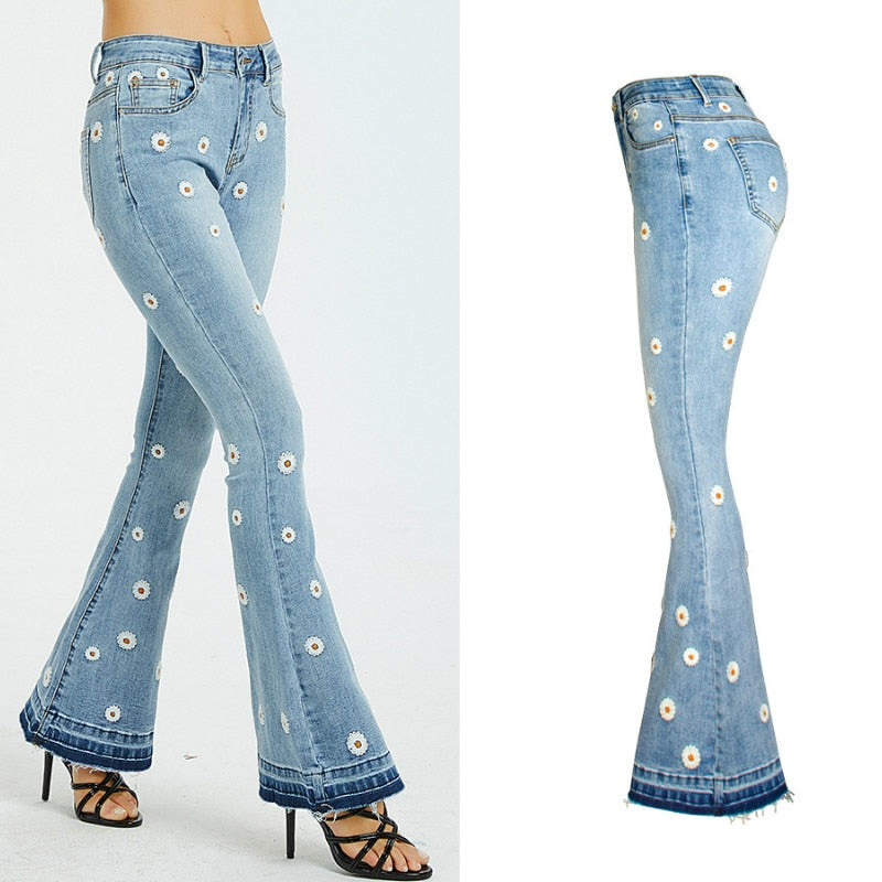 Flower Embroidered Flare Denim Jeans