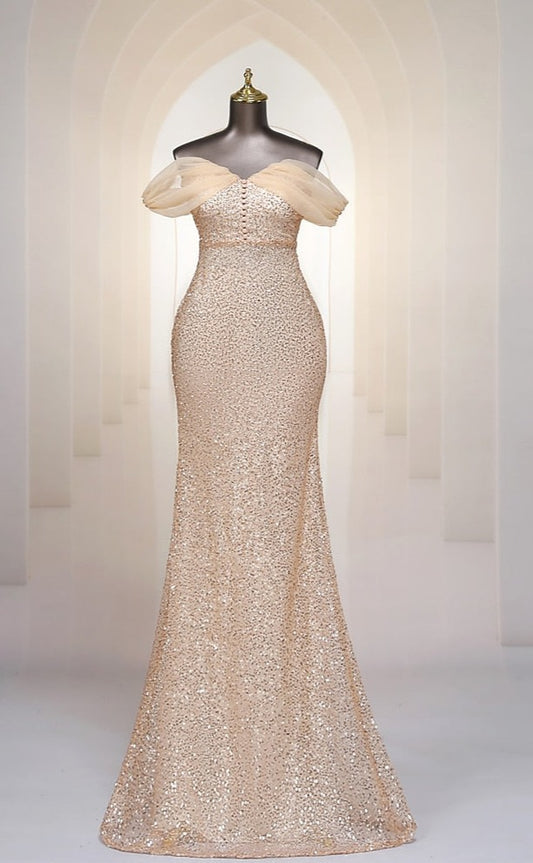 Heavily Beaded Off Shoulder Trumpet Party dress